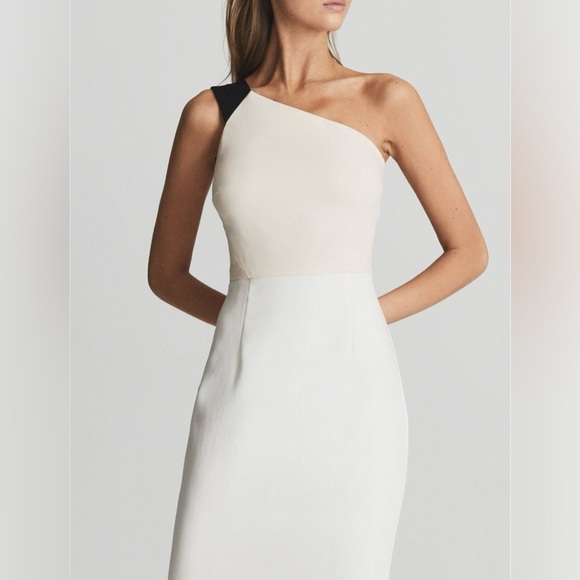 REISS Riana Color block Bodycon Dress in White/Nude/Black Womens Size 10 - Picture 4 of 11